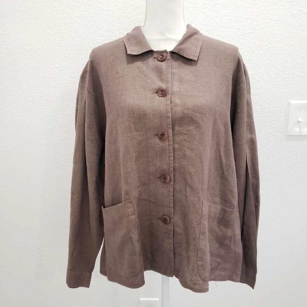 FLAX Brown Button Down Lightweight Linen Jacket Size Medium - Picture 8 of 8